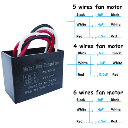 2.5uF+4uF+4uF (4, 5, or 6 Wires Compatible) 250VAC Motor and Fan Capacitor(CBB61) Replacement for Hampton Bay Ceiling Fan, Range Hood, Water Pump, Washing Machine, and Generator