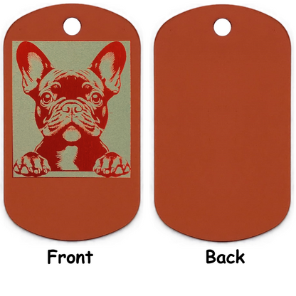 Dog tag with a French Bulldog illustration on one side and plain orange color on the other