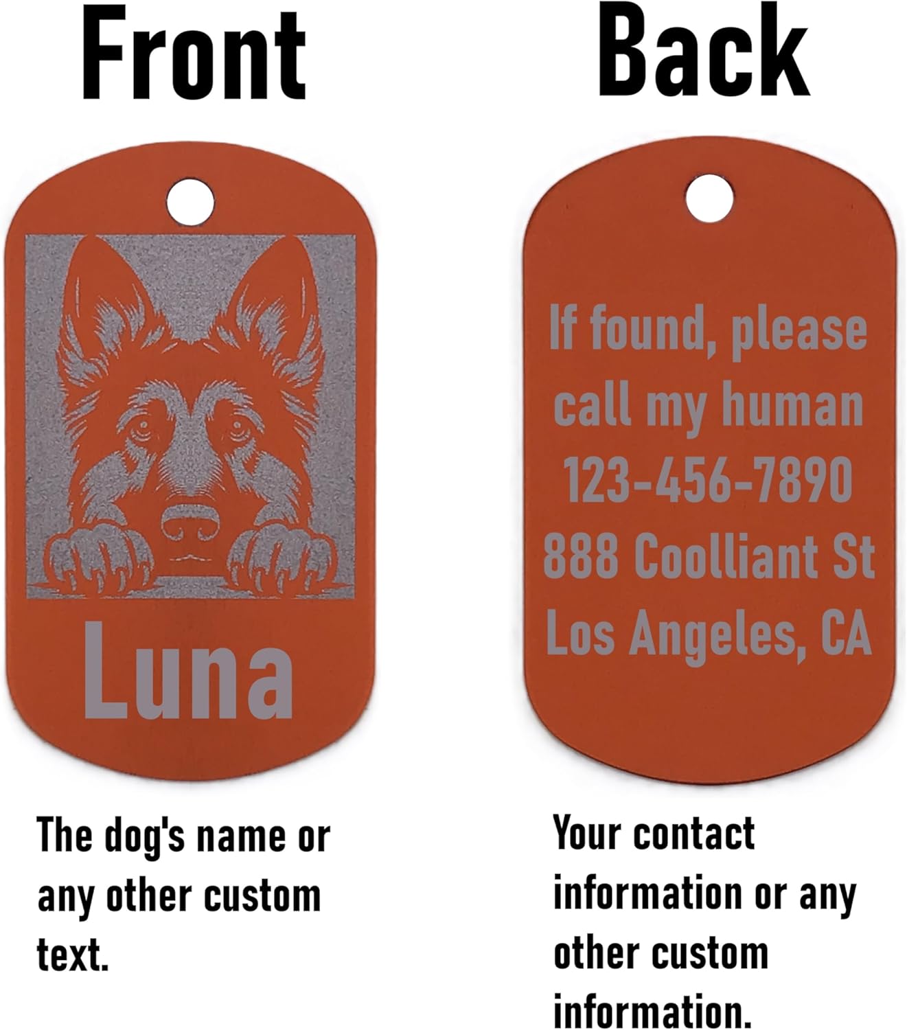 Dog tag with front and back views showing a German Shepherd illustration and customizable text.
