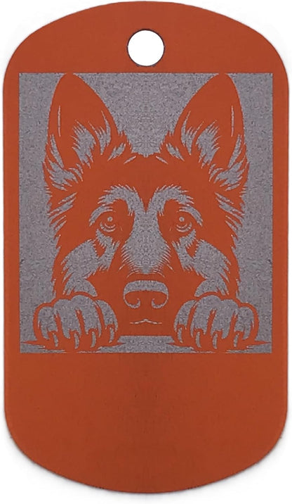 Dog id tag with a german shepherd design on an orange background