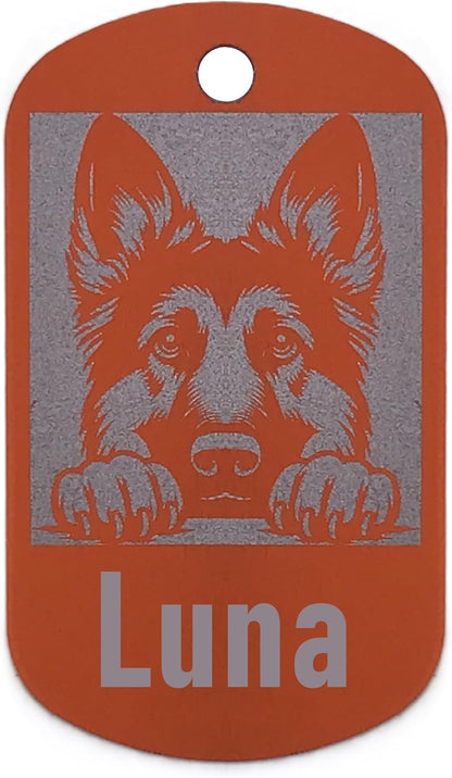 Military style dog name tag with a german shepherd design and 'Luna' text on an orange background