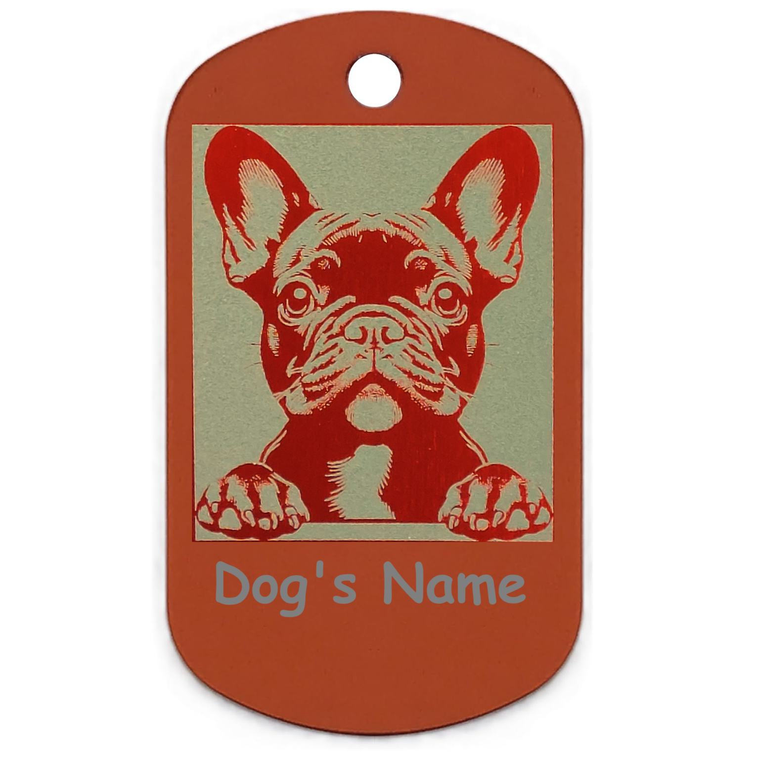 Dog tag with an orange dog illustration and space for 'Dog's Name' on a white background