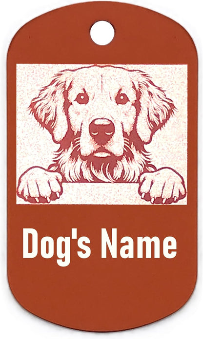 Military style dog name tag with a dog illustration and space for 'Dog's Name' on an orange background
