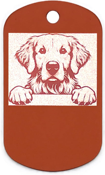 Military style dog tag with a printed image of a dog on an orange background