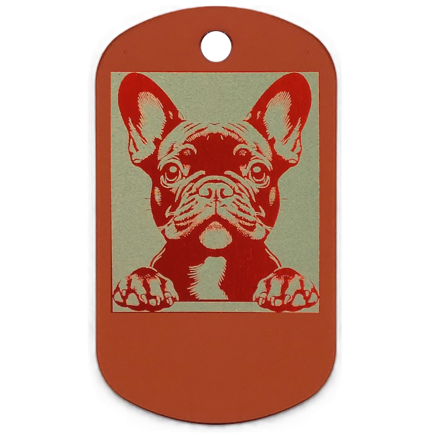 Dog id tag with an orange and white dog illustration on a white background