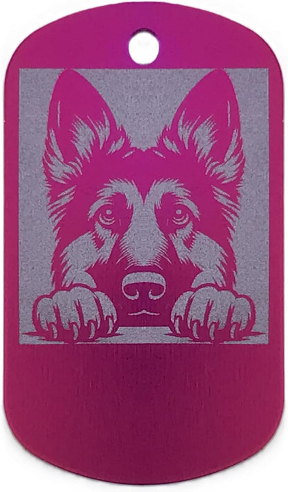 Dog name tag with a pink and gray wolf design on a white background