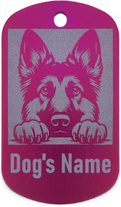 Military style dog id tag with a German Shepherd design and space for 'Dog's Name' on a pink background