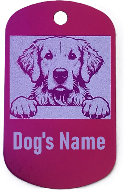 Military style dog name tag with a pink dog illustration and space for 'Dog's Name' on a white background