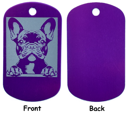 Purple dog tag with a French Bulldog illustration on one side and solid color on the other, on a white background.