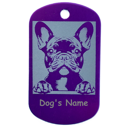 Purple dog name tag with a engraved dog illustration and space for 'Dog's Name'.