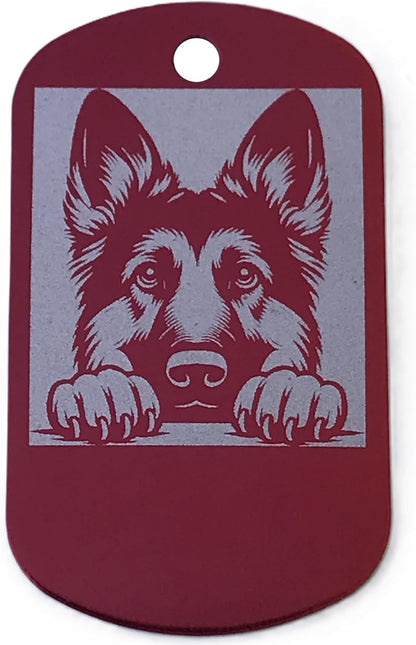 Dog id tag with a German Shepherd design on a red background