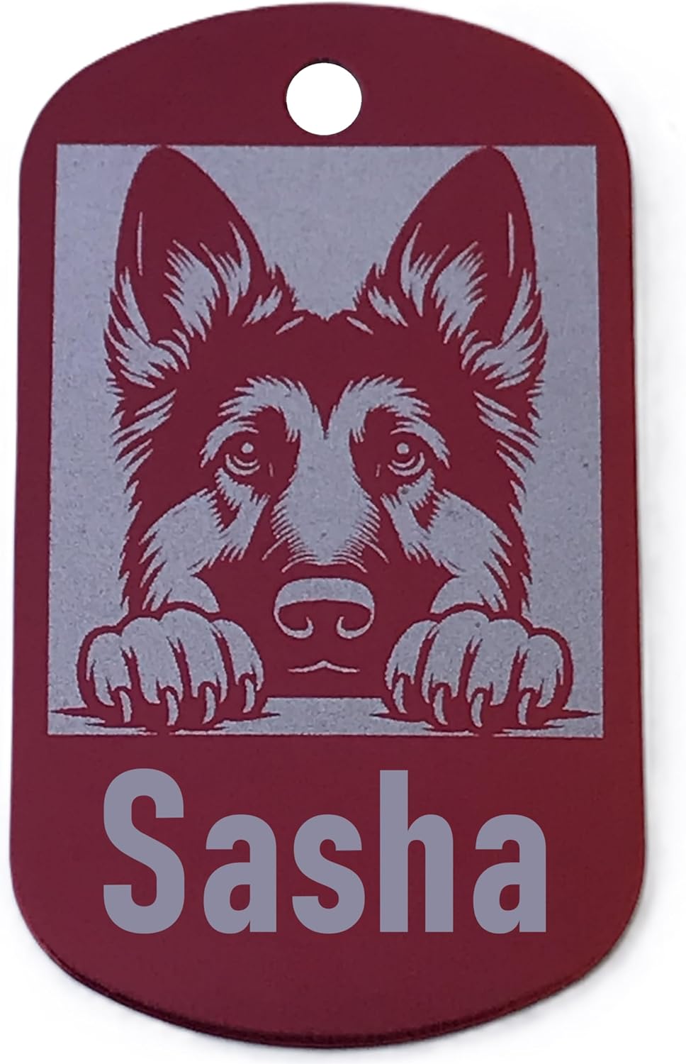 Military style dog tag with a German Shepherd illustration and the name 'Sasha' on a red background