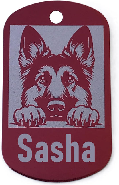 Military style dog tag with a German Shepherd illustration and the name 'Sasha' on a red background