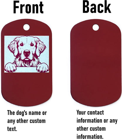 Two military style dog id tags, one with a dog illustration on the front and text on the back, the other plain on both sides.