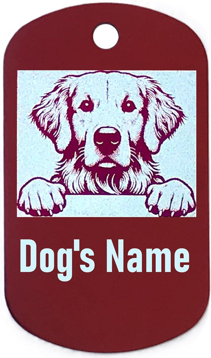 Military style dog name tag with a dog illustration and space for 'Dog's Name' on a red background