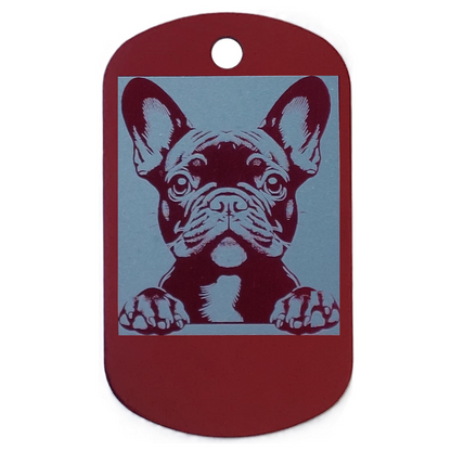Dog id tag with a French Bulldog design on a red background