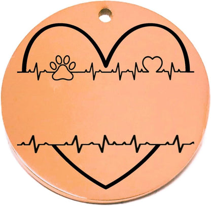 Round rose gold pet tag with black heart and paw print design on a white background