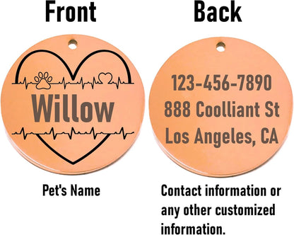 Pet id tag with 'Willow' on one side and contact information on the other, on a white background.