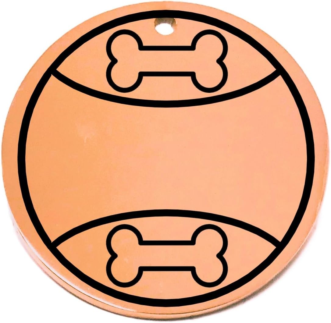 Peach personalized round pet tag with bone and play ball designs