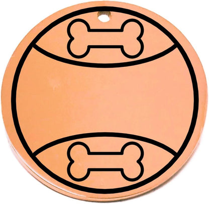 Peach personalized round pet tag with bone and play ball designs
