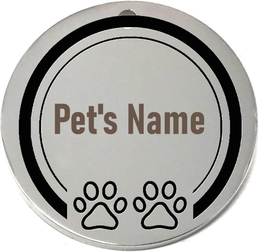 Round pet name tag with space for 'Pet's Name' and paw prints on a white background