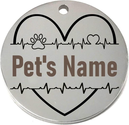 Round silver pet name tag with heart design and space for 'Pet's Name'