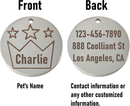 Pet id tag with 'Charlie' on front and contact information on back, on a white background.