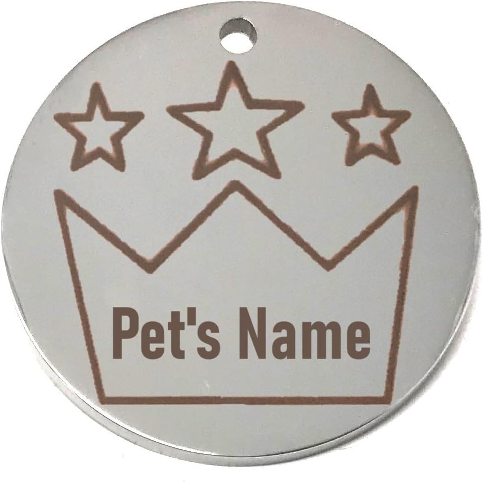 Round silver pet tag with star design and crown for 'Pet's Name' engraving.
