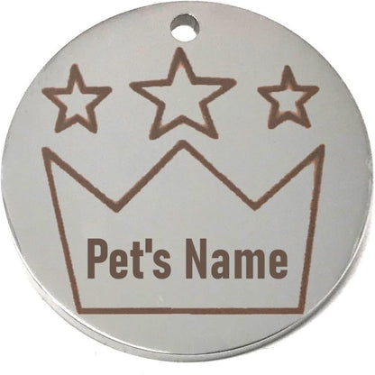 Round silver pet tag with star design and crown for 'Pet's Name' engraving.