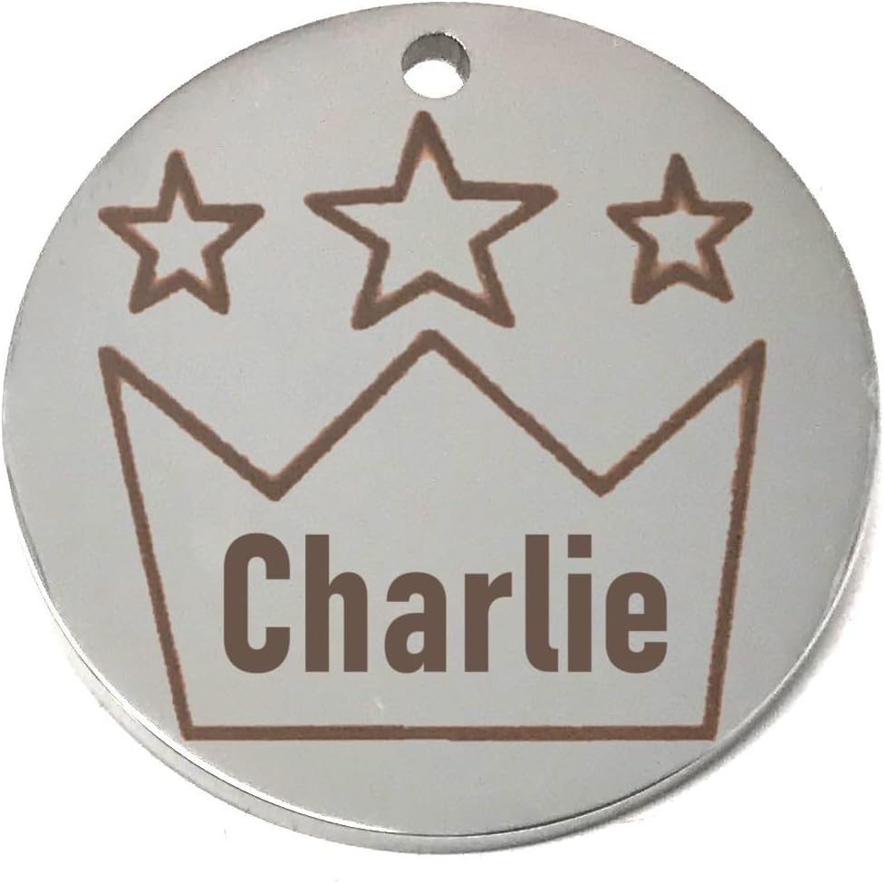 Round silver pet name tag with star design and 'Charlie' engraving on a white background
