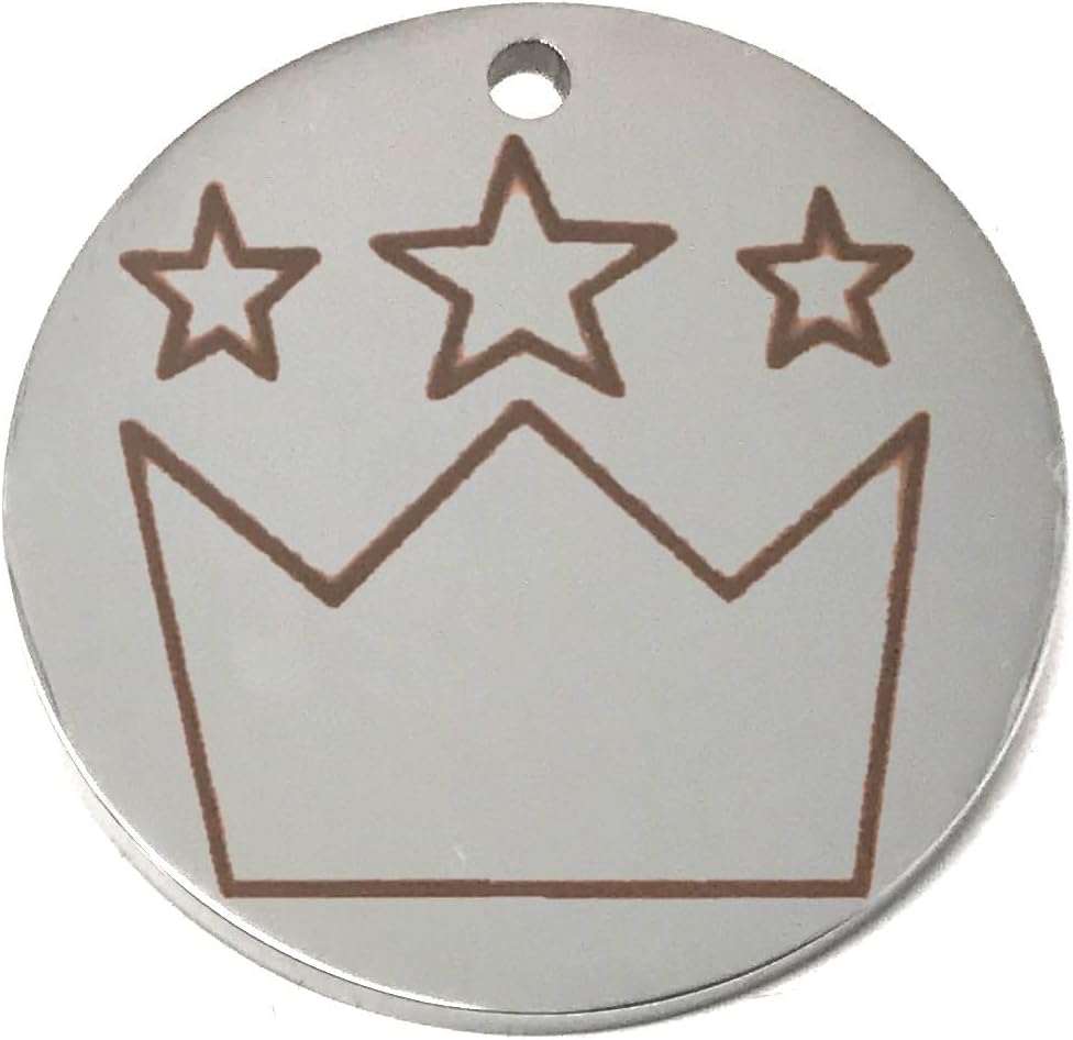 Round silver pet tag with a crown and star design on a white background
