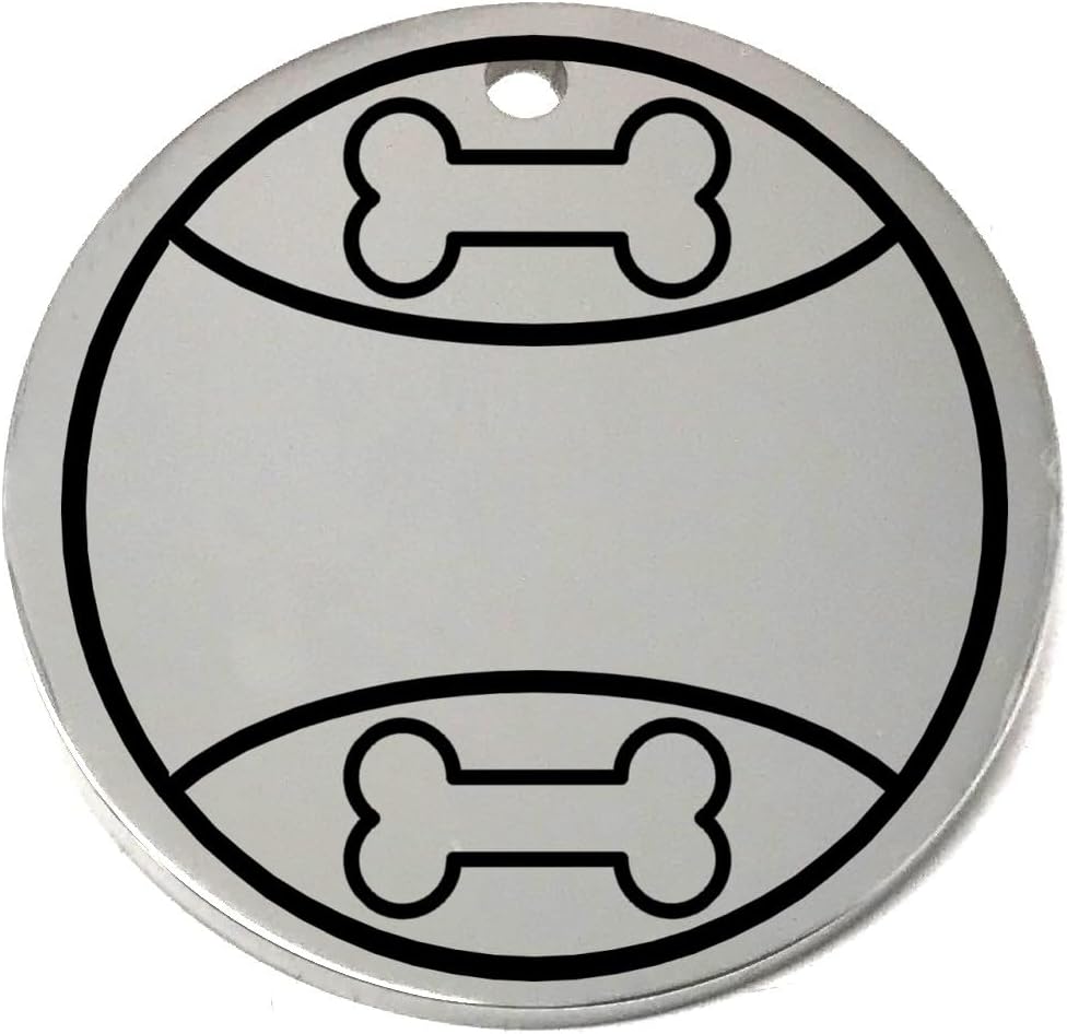 Round silver pet id tag with black bone designs and play ball on a white background