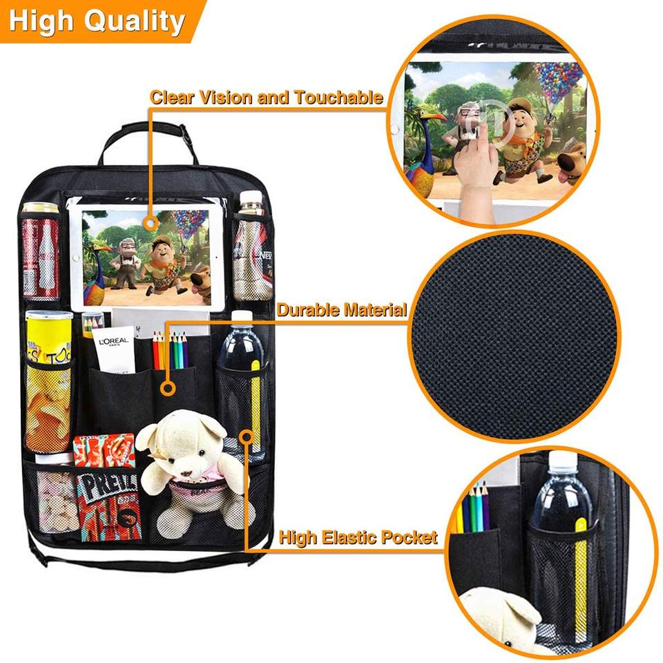 Multi-Pockets Front-Back Seat Car Organizer/Storage with Touch Screen Tablet Holder - baby toy car storage, car accessories set, car organization, road trip must-haves for kids, kids travel essentials, accessories for long trips, car camping essentials