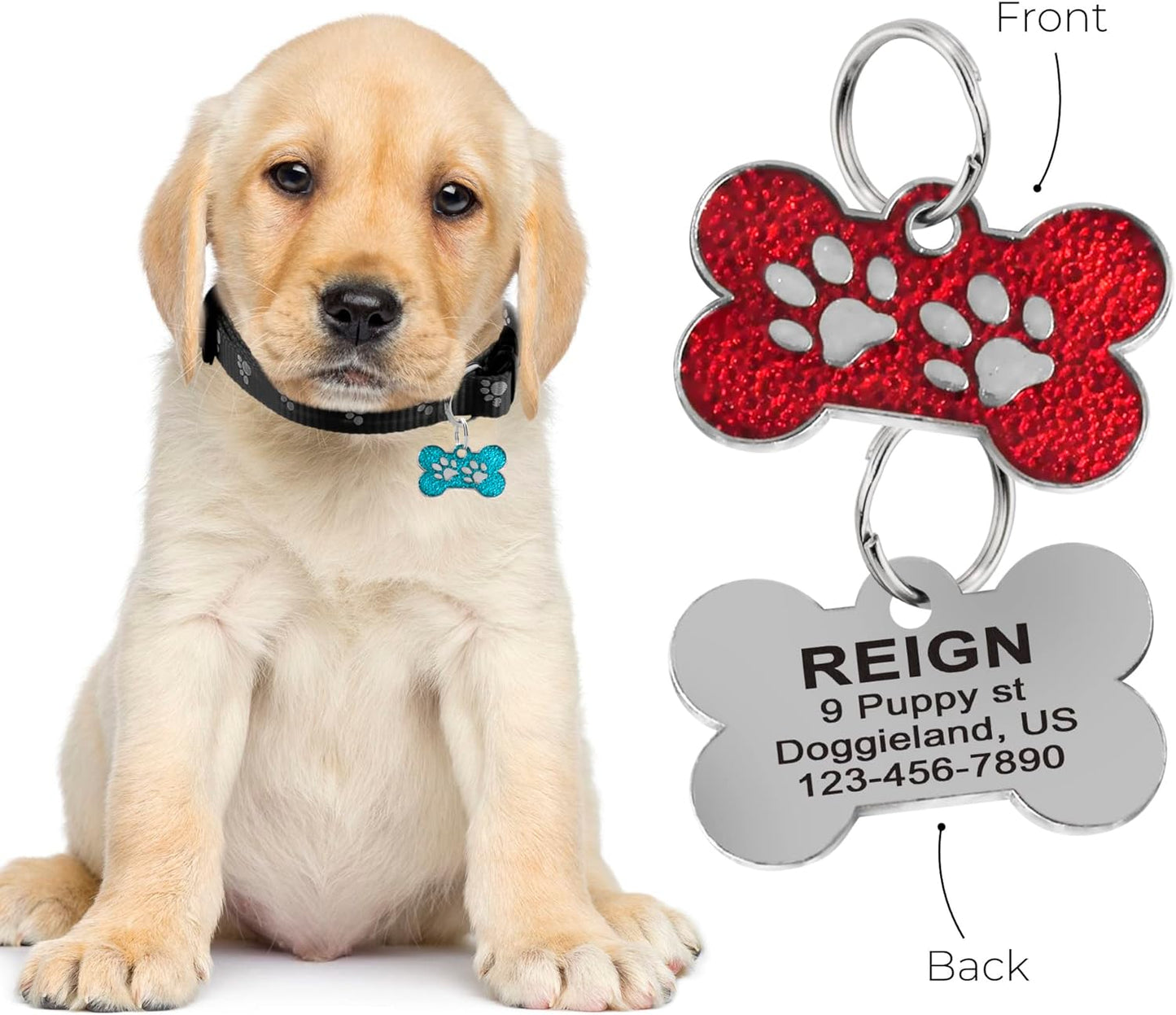 Personalized Pet Name Tags with Dog Bone-Shaped and Paw Print - custom pet ID tag, engraved puppy name tag, cute puppy ID tag for dog collar