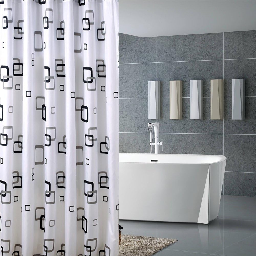 PEVA Black & White Bathroom Shower Curtain with 12 Plastic Hooks, cute shower curtain, black and white shower curtain, plastic shower curtain, long shower curtain, shower curtain set, fabric shower curtain, shower curtain fabric, small shower curtain