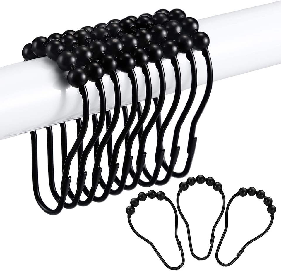 12-60pcs Rust Resistant Stainless Steel Rolling Shower Curtain Hooks/Rings/Hangers - gold shower curtain ring, chrome shower curtain hook, easy sliding shower curtain holders, shower clips for curtain, silver shower rod hooks, black shower curtain rings